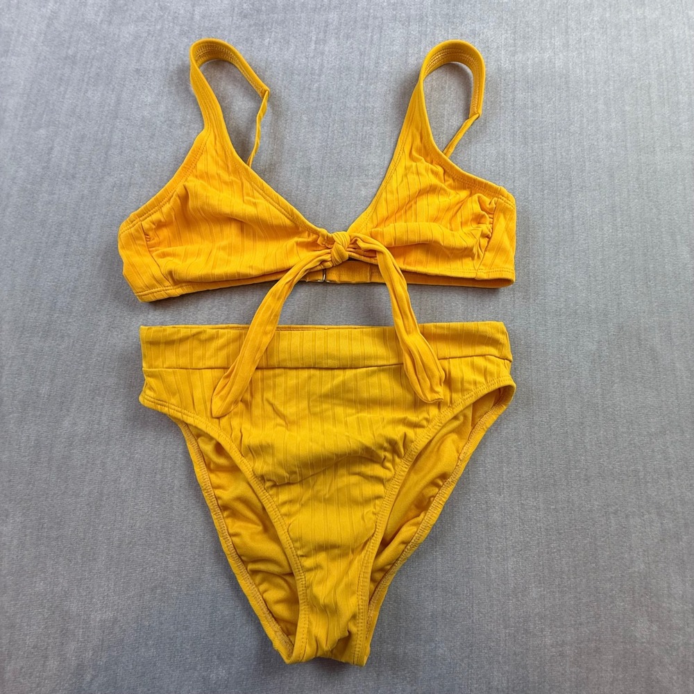 Xhilaration Womens Yellow Ribbed Tie Front Bikini Set High Waisted Size Large